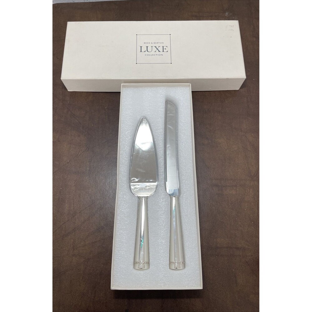 Reed & Barton Luxe Cake Server & Knife Set w/ Rhinestone Jeweled Handles in Box